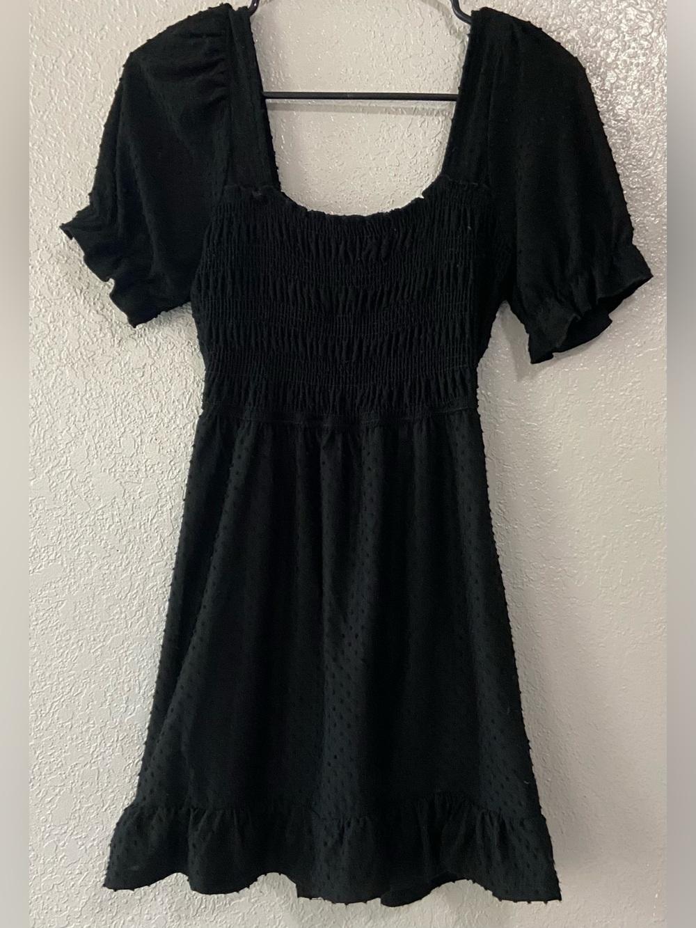 Black Smocked Puff-Sleeve Dress